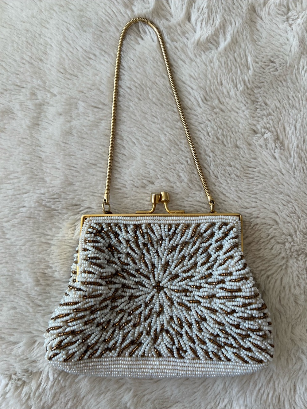 Vintage Beaded White and Gold Evening Clutch Mini Handbag